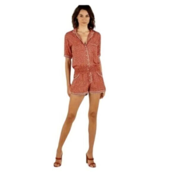 NWT Poupette St Barth | Women's Red Moon Georgette Print Jumpsuit Size Medium - Picture 1 of 12